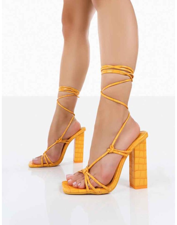 Berry Orange Croc Square Toe Strappy Lace Up Block Heels