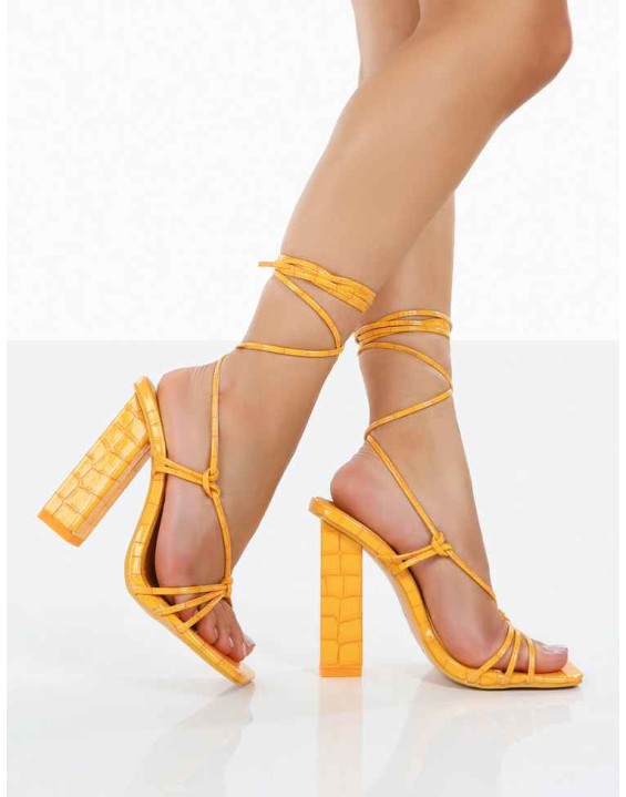 Berry Orange Croc Square Toe Strappy Lace Up Block Heels