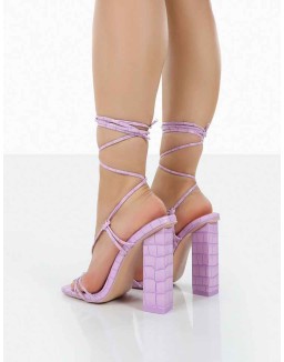 Berry Lilac Croc Square Toe Strappy Lace Up Block Heels