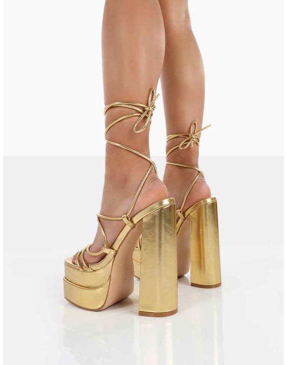 Glow Girl Gold PU Lace Up Platform High Heels
