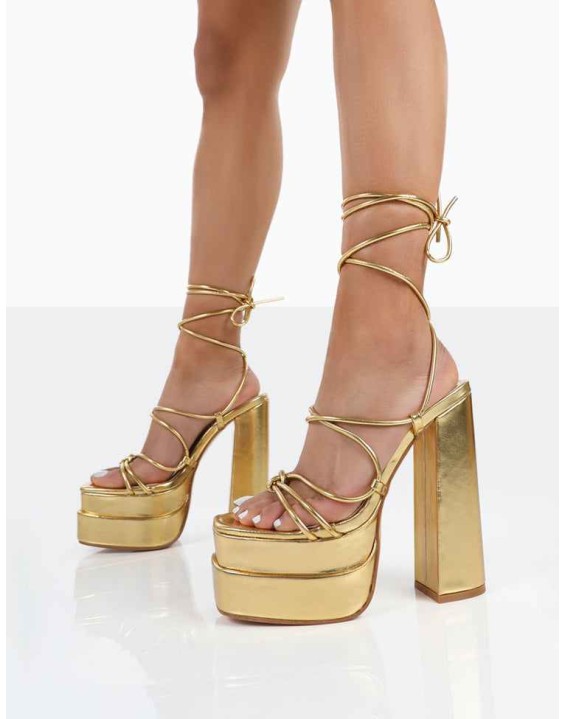 Glow Girl Gold PU Lace Up Platform High Heels