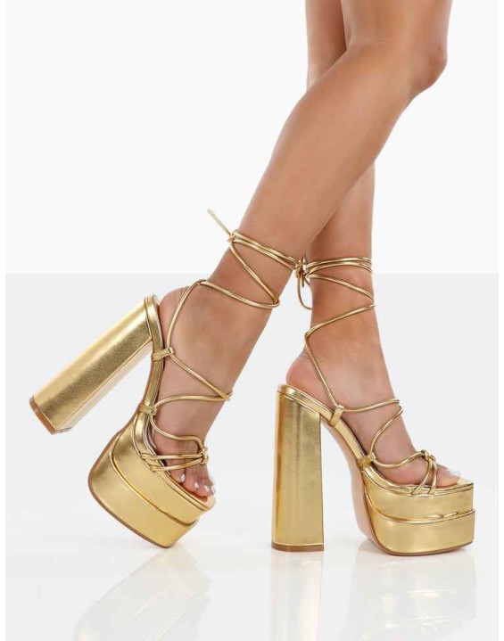 Glow Girl Gold PU Lace Up Platform High Heels