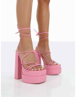 Glow Girl Baby Pink PU Lace Up Platform High Heels