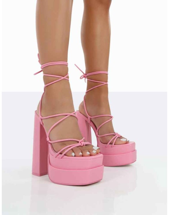 Glow Girl Baby Pink PU Lace Up Platform High Heels