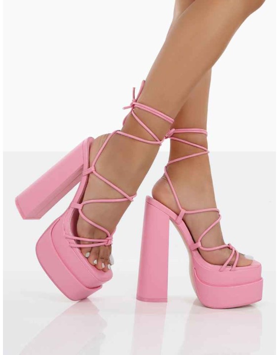 Glow Girl Baby Pink PU Lace Up Platform High Heels