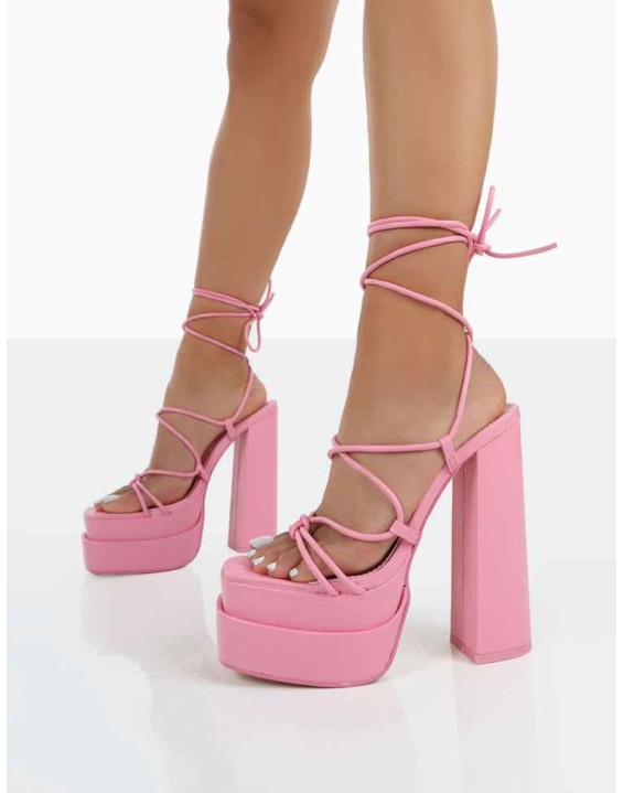 Glow Girl Baby Pink PU Lace Up Platform High Heels