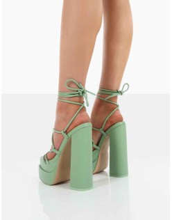 Glow Girl Mint PU Lace Up Platform High Heels
