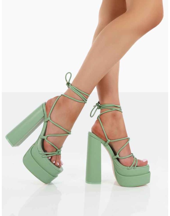 Glow Girl Mint PU Lace Up Platform High Heels