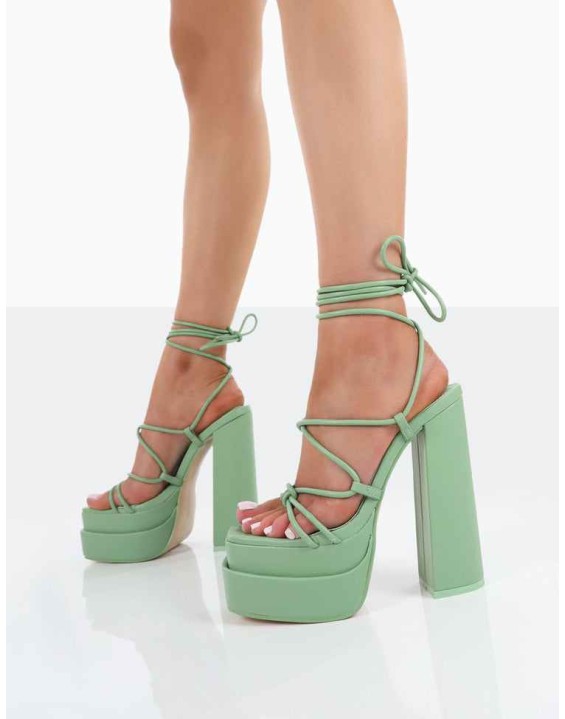 Glow Girl Mint PU Lace Up Platform High Heels