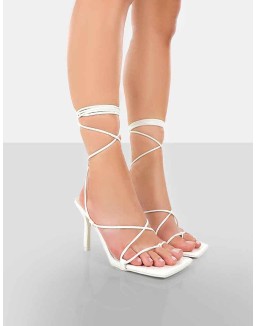 Euphoria White Croc Square Toe Lace Up Mid Heels