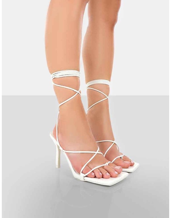 Euphoria White Croc Square Toe Lace Up Mid Heels