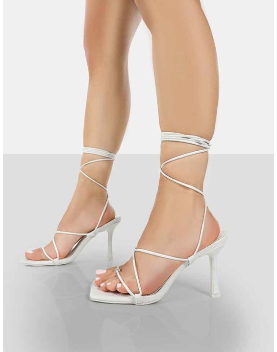 Euphoria White Croc Square Toe Lace Up Mid Heels