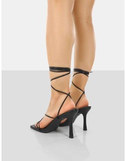 Euphoria Black PU Square Toe Lace Up Mid Heels