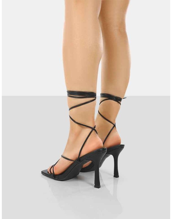 Euphoria Black PU Square Toe Lace Up Mid Heels