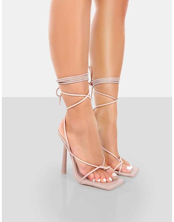 Lacey Pink Patent Square Toe Strappy Lace Up Stiletto Heels