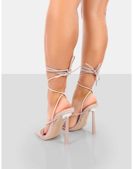 Lacey Pink Patent Square Toe Strappy Lace Up Stiletto Heels