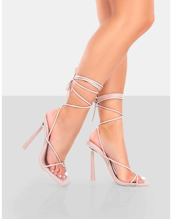 Lacey Pink Patent Square Toe Strappy Lace Up Stiletto Heels