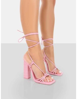 Berry Pink Croc Square Toe Strappy Lace Up Block Heels