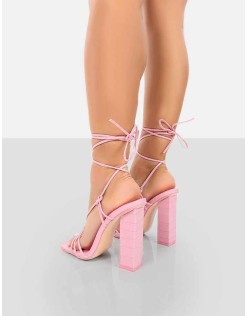 Berry Pink Croc Square Toe Strappy Lace Up Block Heels