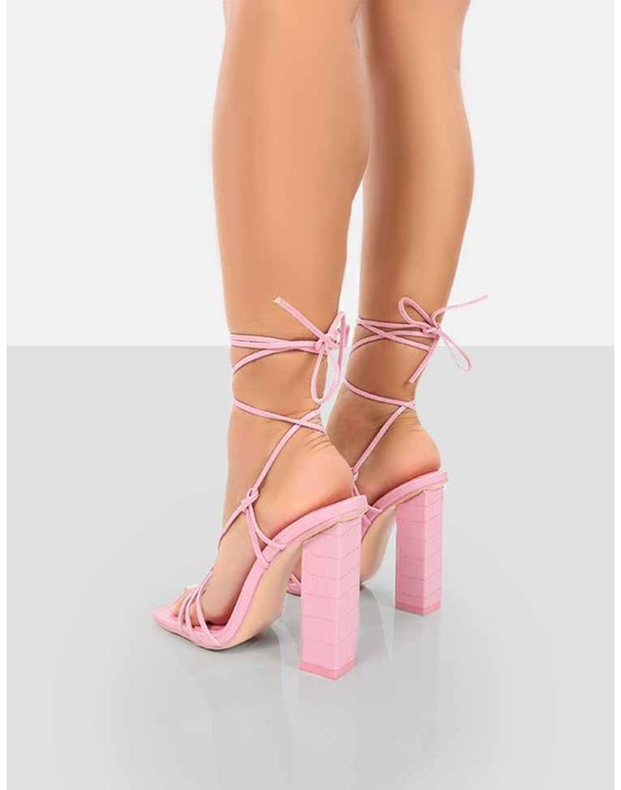 Berry Pink Croc Square Toe Strappy Lace Up Block Heels
