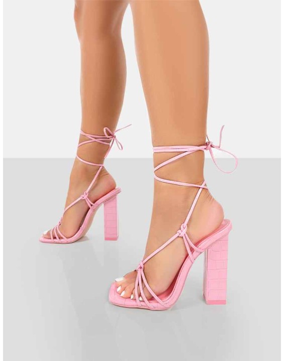 Berry Pink Croc Square Toe Strappy Lace Up Block Heels