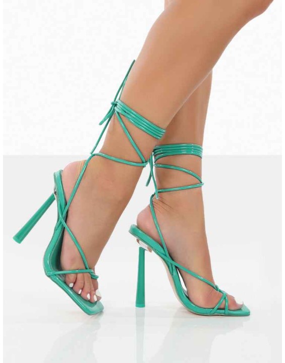 Lacey Teal Patent Square Toe Strappy Lace Up Stiletto Heels