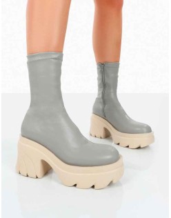 Jennie Grey Pu Chunky Sole Heeled Ankle Boots