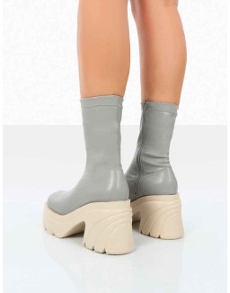 Jennie Grey Pu Chunky Sole Heeled Ankle Boots