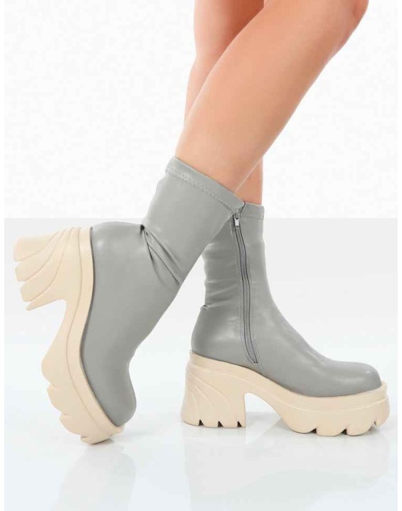 Jennie Grey Pu Chunky Sole Heeled Ankle Boots