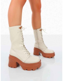 Ever Beige Laced Chunky Sole Ankle Boots