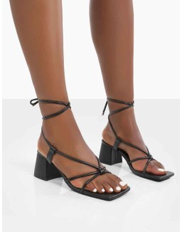Aloha Wide Fit Black Lace Up Block Mid Heeled Sandals