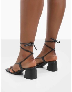 Aloha Wide Fit Black Lace Up Block Mid Heeled Sandals