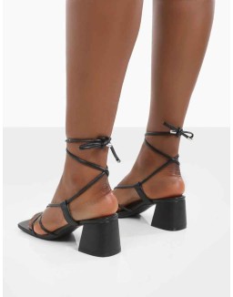 Aloha Wide Fit Black Lace Up Block Mid Heeled Sandals