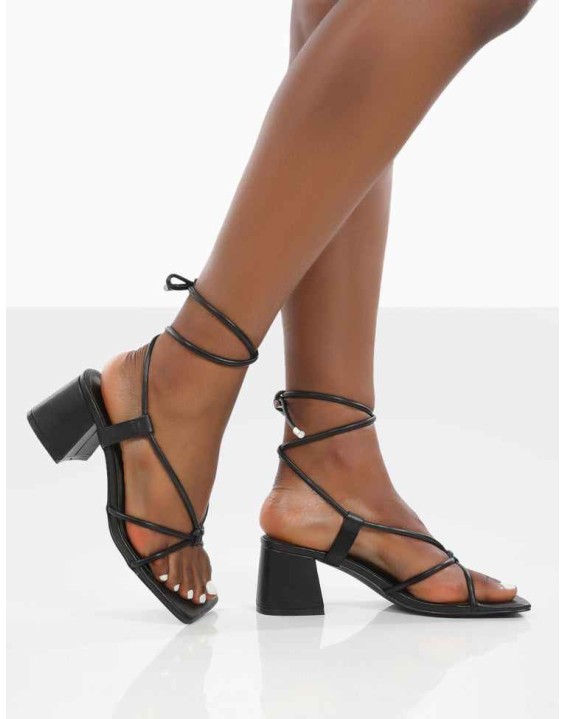 Aloha Wide Fit Black Lace Up Block Mid Heeled Sandals