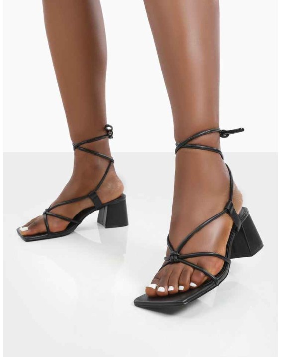Aloha Wide Fit Black Lace Up Block Mid Heeled Sandals