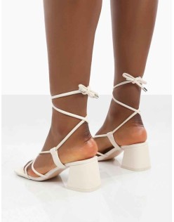 Aloha Wide Fit Ecru Lace Up Block Mid Heeled Sandals