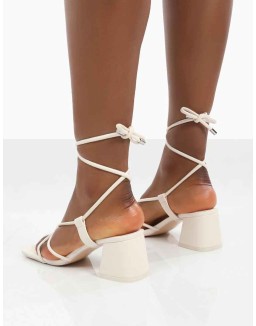 Aloha Wide Fit Ecru Lace Up Block Mid Heeled Sandals