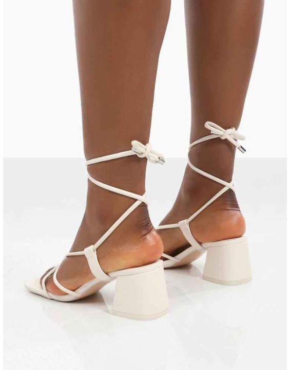 Aloha Wide Fit Ecru Lace Up Block Mid Heeled Sandals