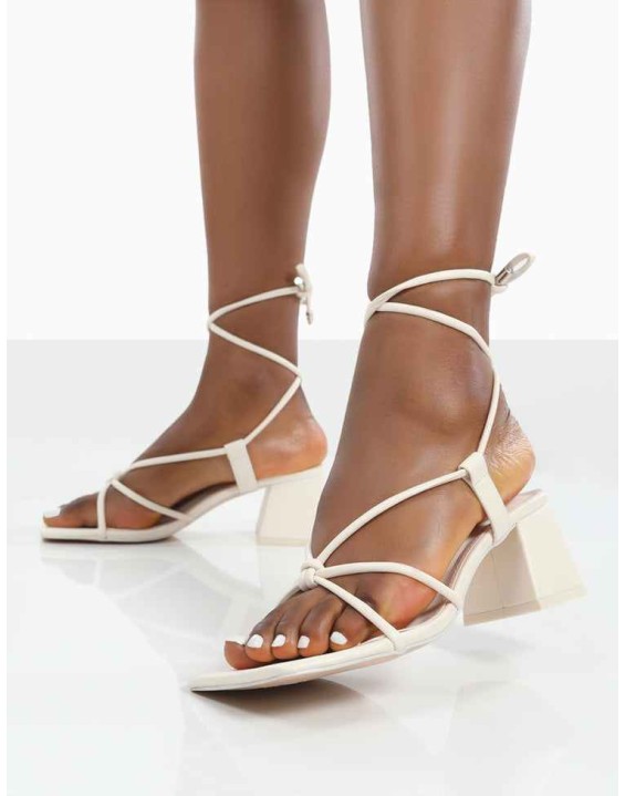 Aloha Wide Fit Ecru Lace Up Block Mid Heeled Sandals