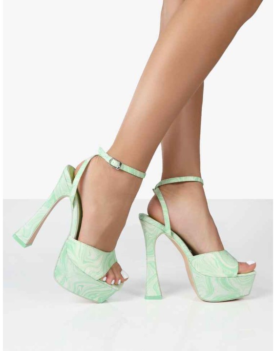 Truce Green Print Satin Strappy Platform Party High Heels