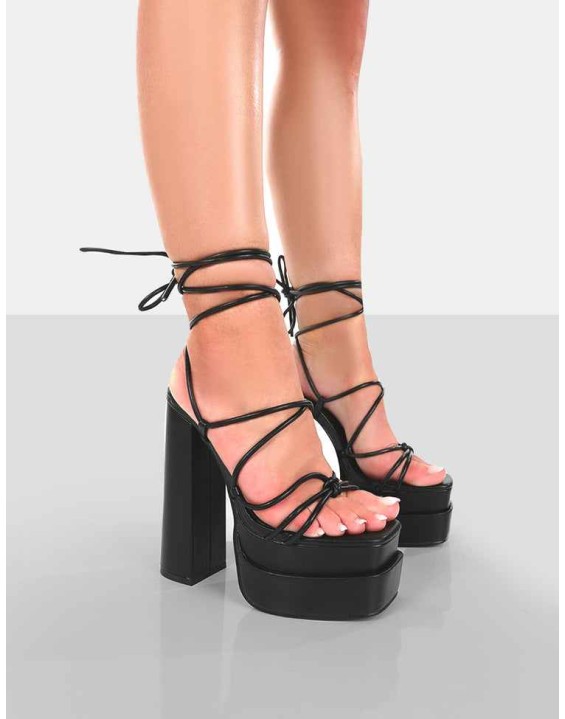 Glow Girl Wide Fit Black PU Lace Up Platform High Heels
