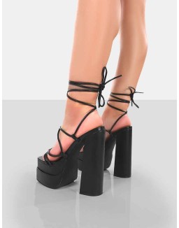 Glow Girl Wide Fit Black PU Lace Up Platform High Heels