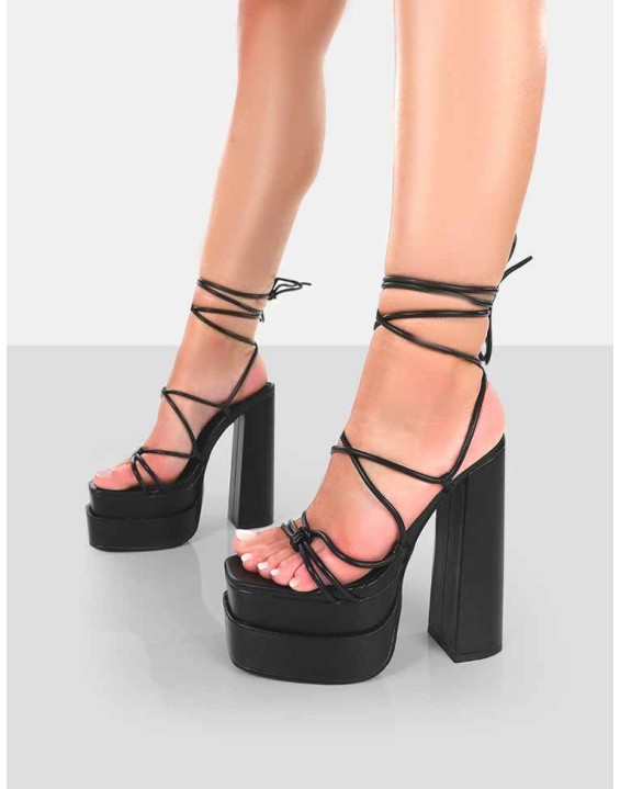 Glow Girl Wide Fit Black PU Lace Up Platform High Heels