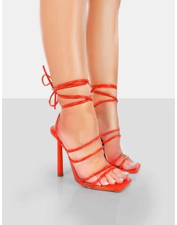 Make Way Orange Patent Strappy Lace Up Square Toe Stilettos
