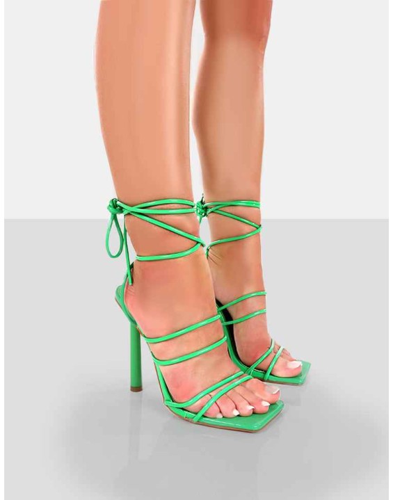 Make Way Green Patent Strappy Lace Up Square Toe Stilettos