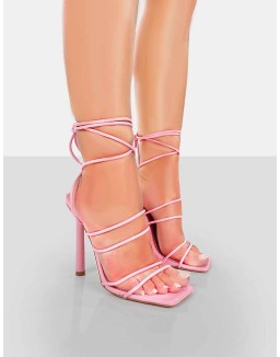 Make Way Pink Patent Strappy Lace Up Square Toe Stilettos