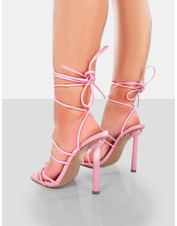 Make Way Pink Patent Strappy Lace Up Square Toe Stilettos