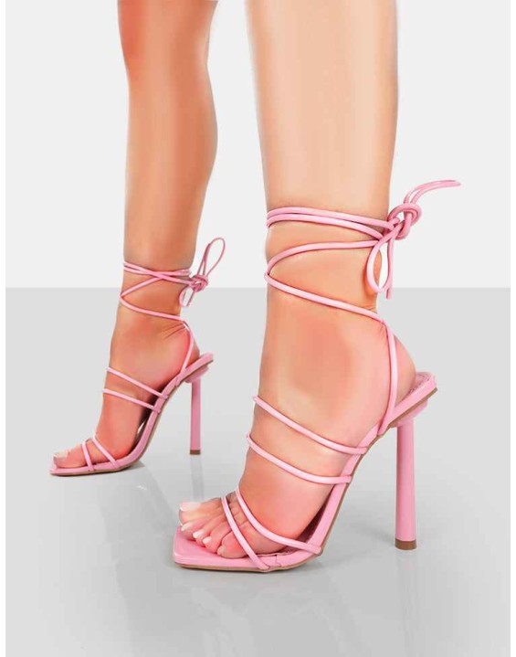 Make Way Pink Patent Strappy Lace Up Square Toe Stilettos