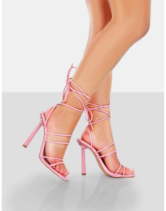 Make Way Pink Patent Strappy Lace Up Square Toe Stilettos