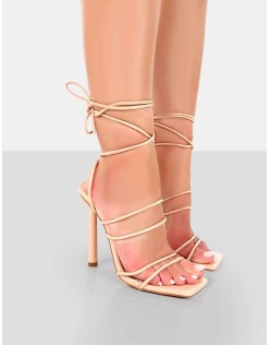 Make Way Nude Patent Strappy Lace Up Square Toe Stilettos